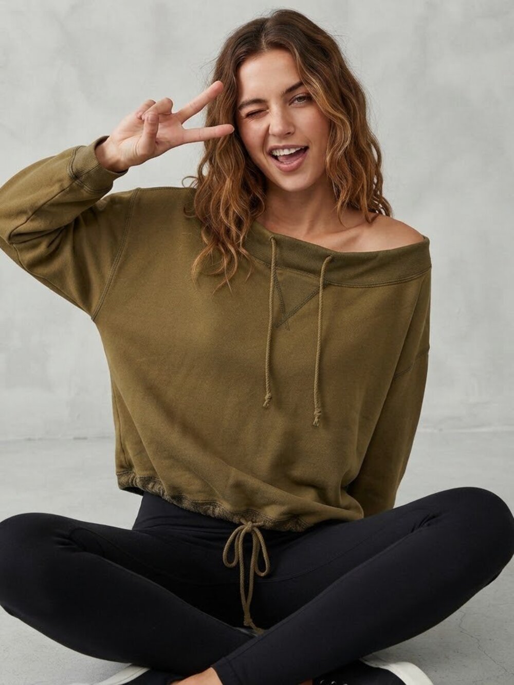 Free People We The Free Olive Green Cowl Neck Drawstring Sweatshirt. Medium.